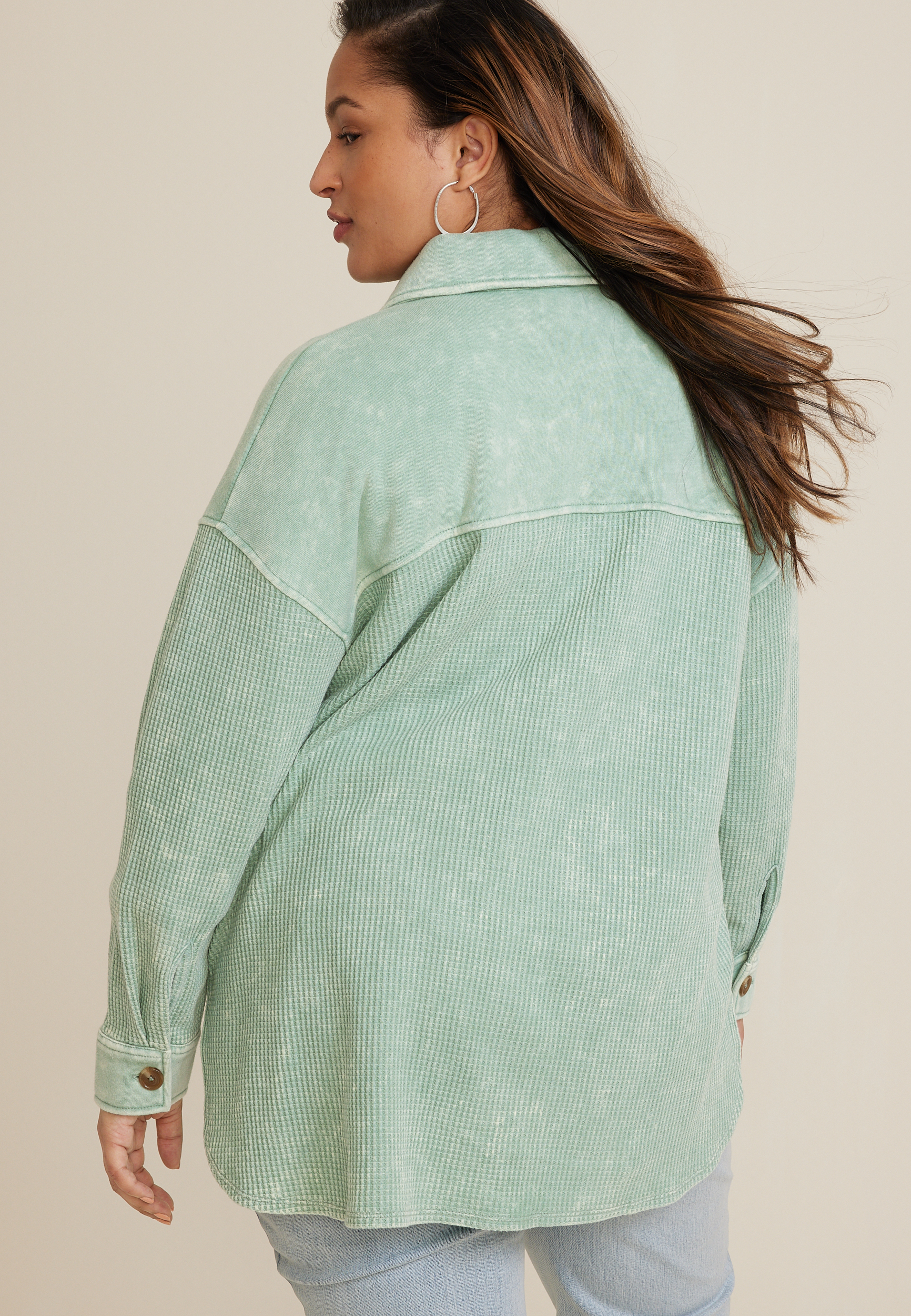 Plus Size Waffle Knit Button Down Shacket, C9312, large