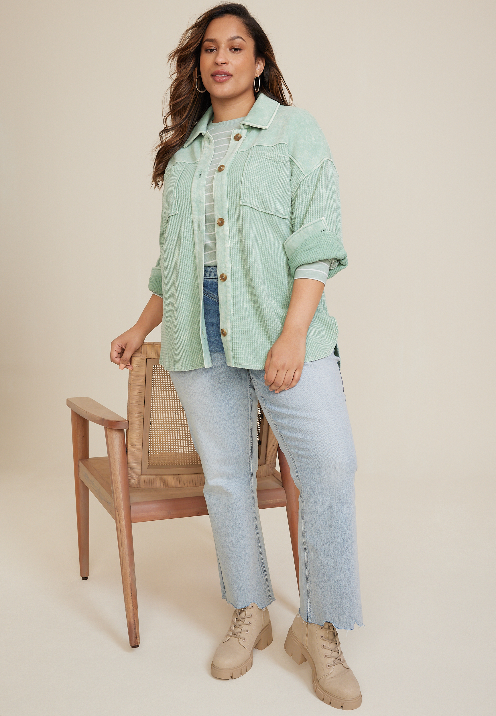 Plus Size Waffle Knit Button Down Shacket, C9312, large