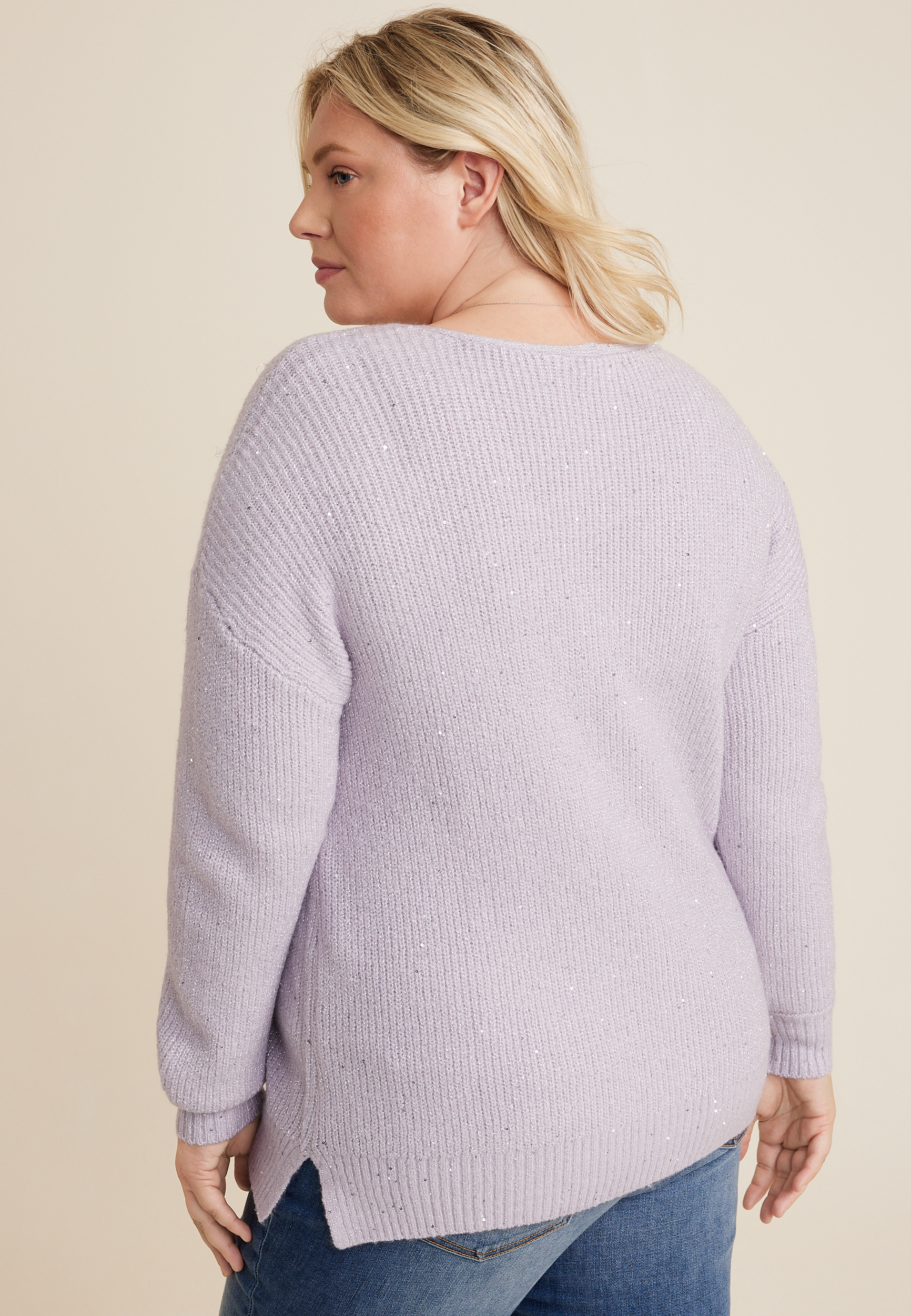 Plus Size Sequin V Neck Sweater, C9384, large