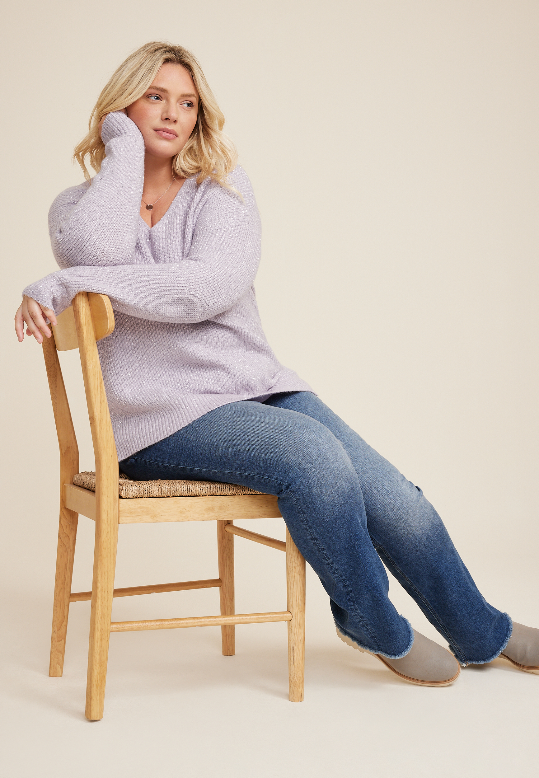 Plus Size Sequin V Neck Sweater, C9384, large