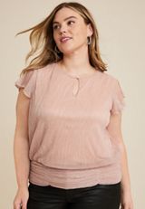 Plus Size Plisse Flutter Sleeve Blouse, C7386, small