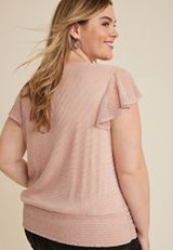 Plus Size Plisse Flutter Sleeve Blouse, C7386, small