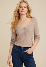 Heartland Lace Trim Henley Tee, HEATHERED COCOA, small