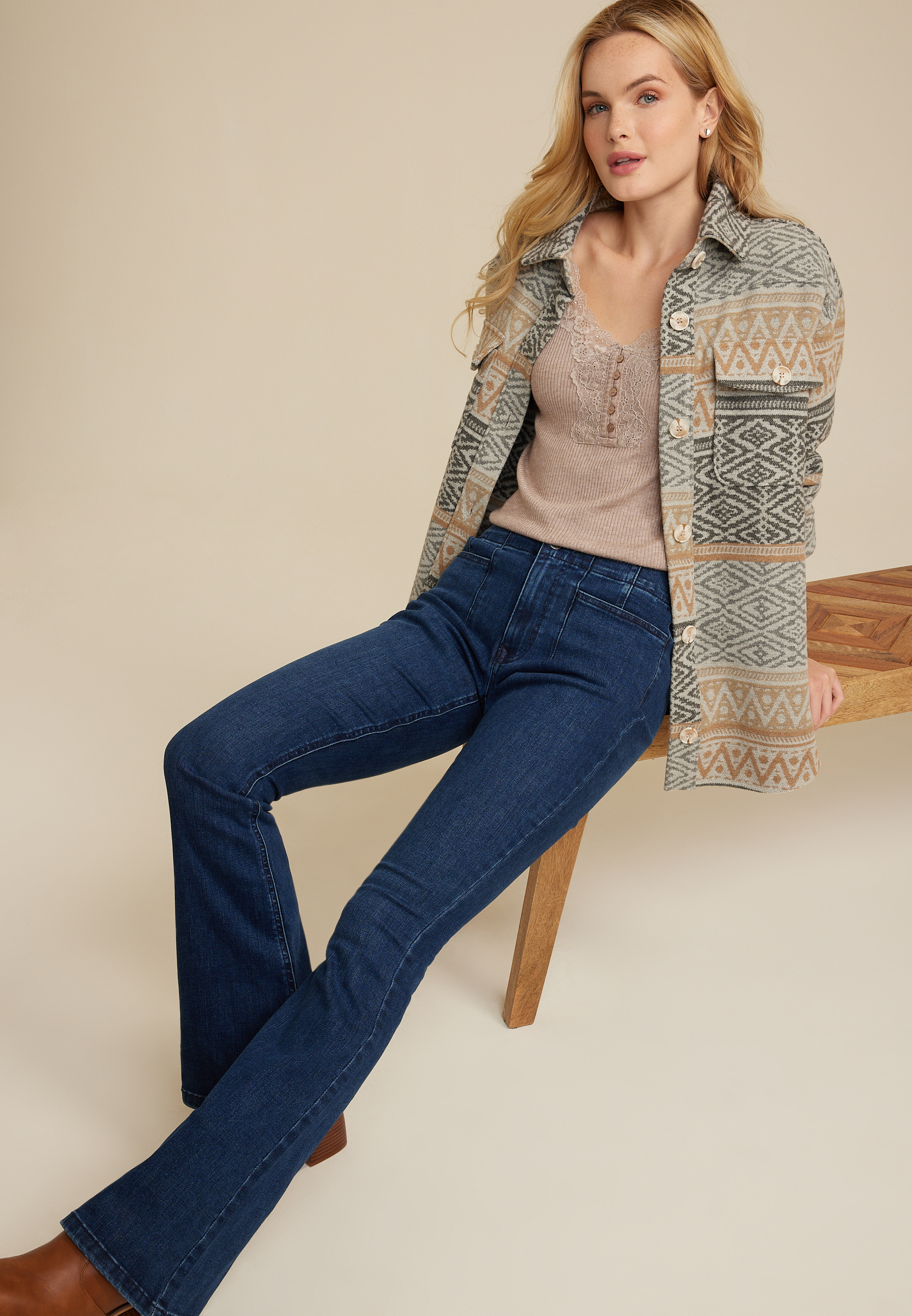Heartland Lace Trim Henley Tee, HEATHERED COCOA, large