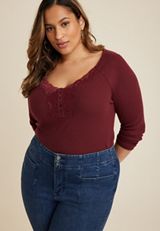 Plus Size Heartland Lace Trim Henley Tee, C7089, small