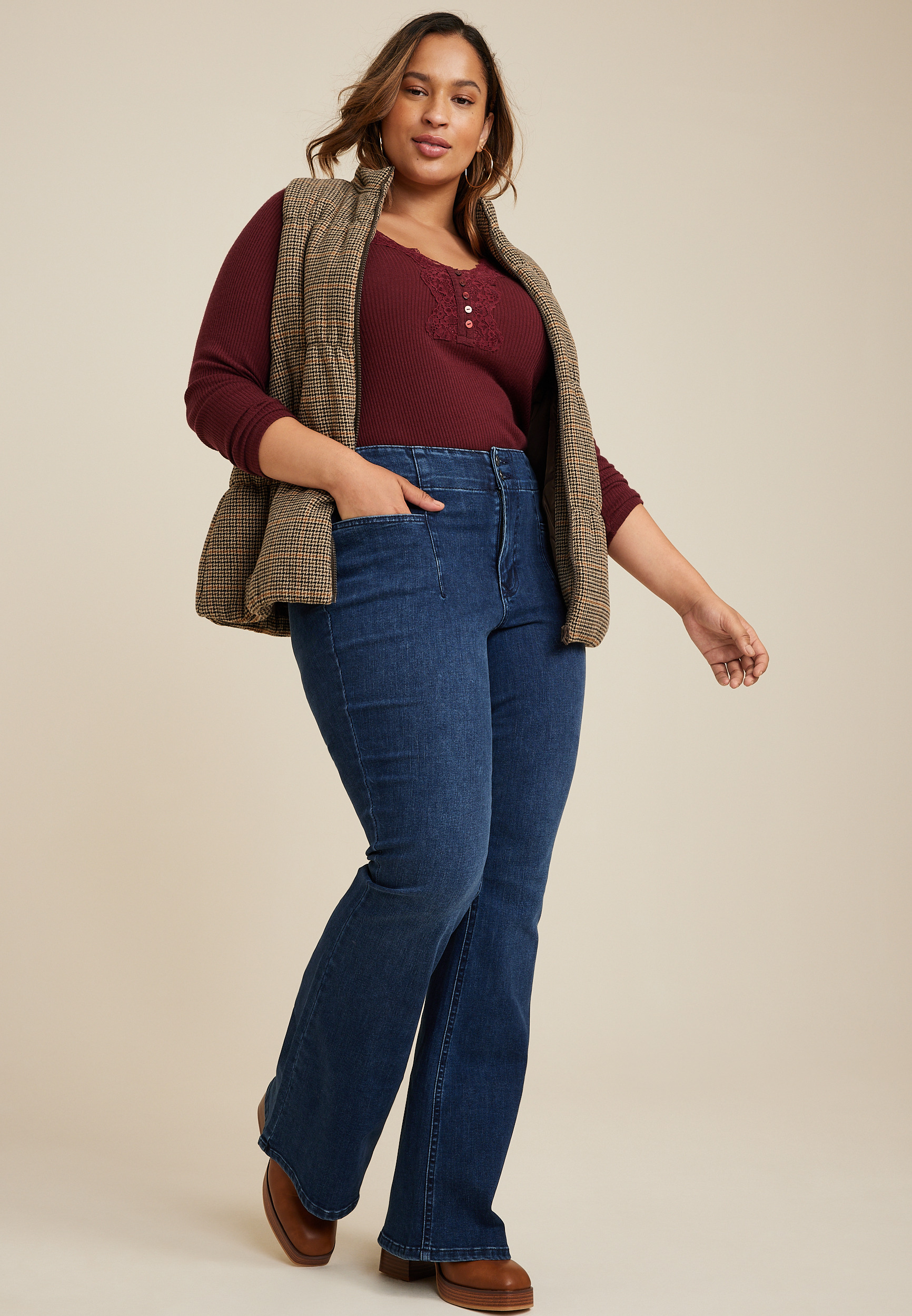 Plus Size Heartland Lace Trim Henley Tee, C7089, large
