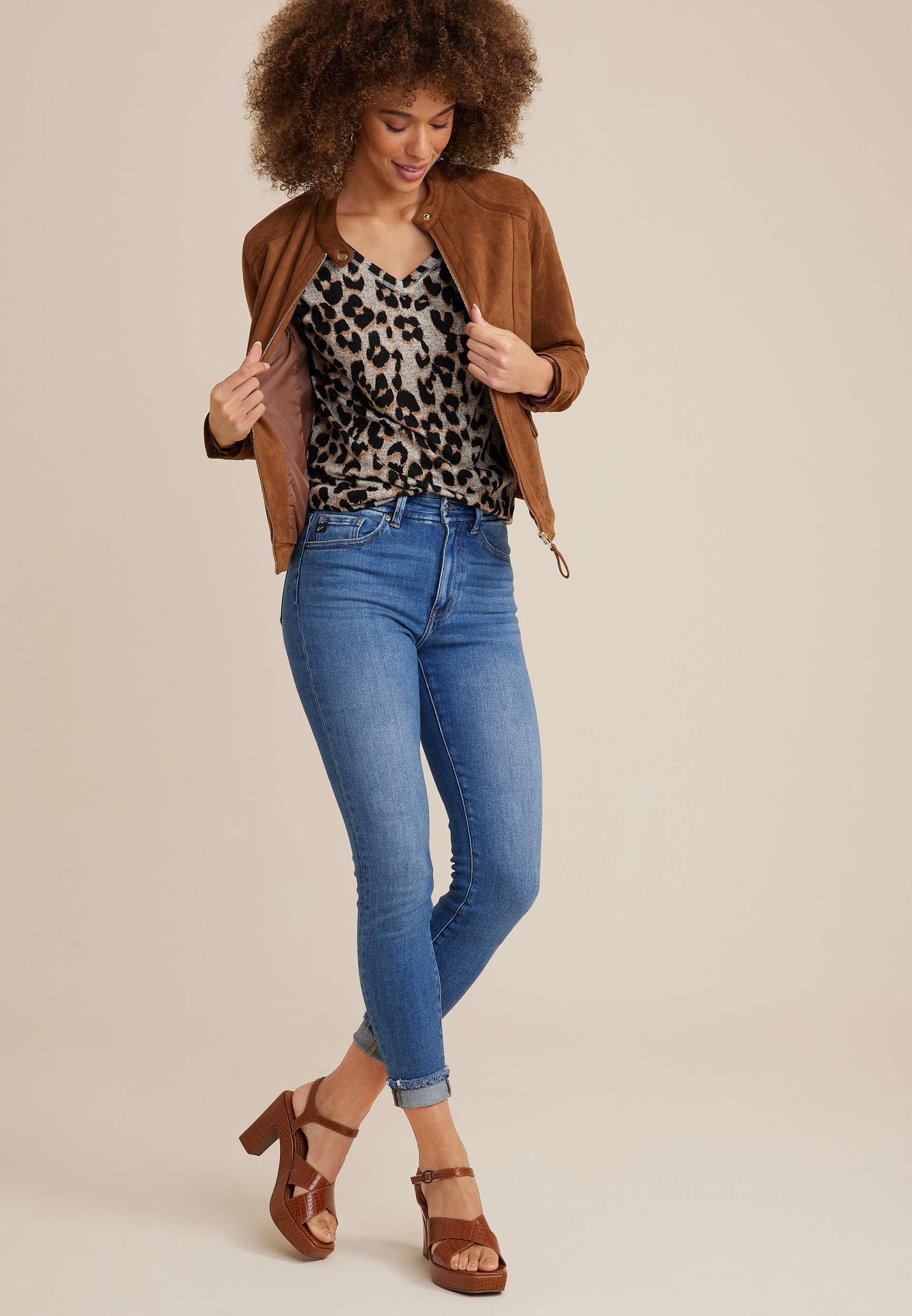 24/7 Victoria Leopard Long Sleeve Tee, NATURAL COMBO, large
