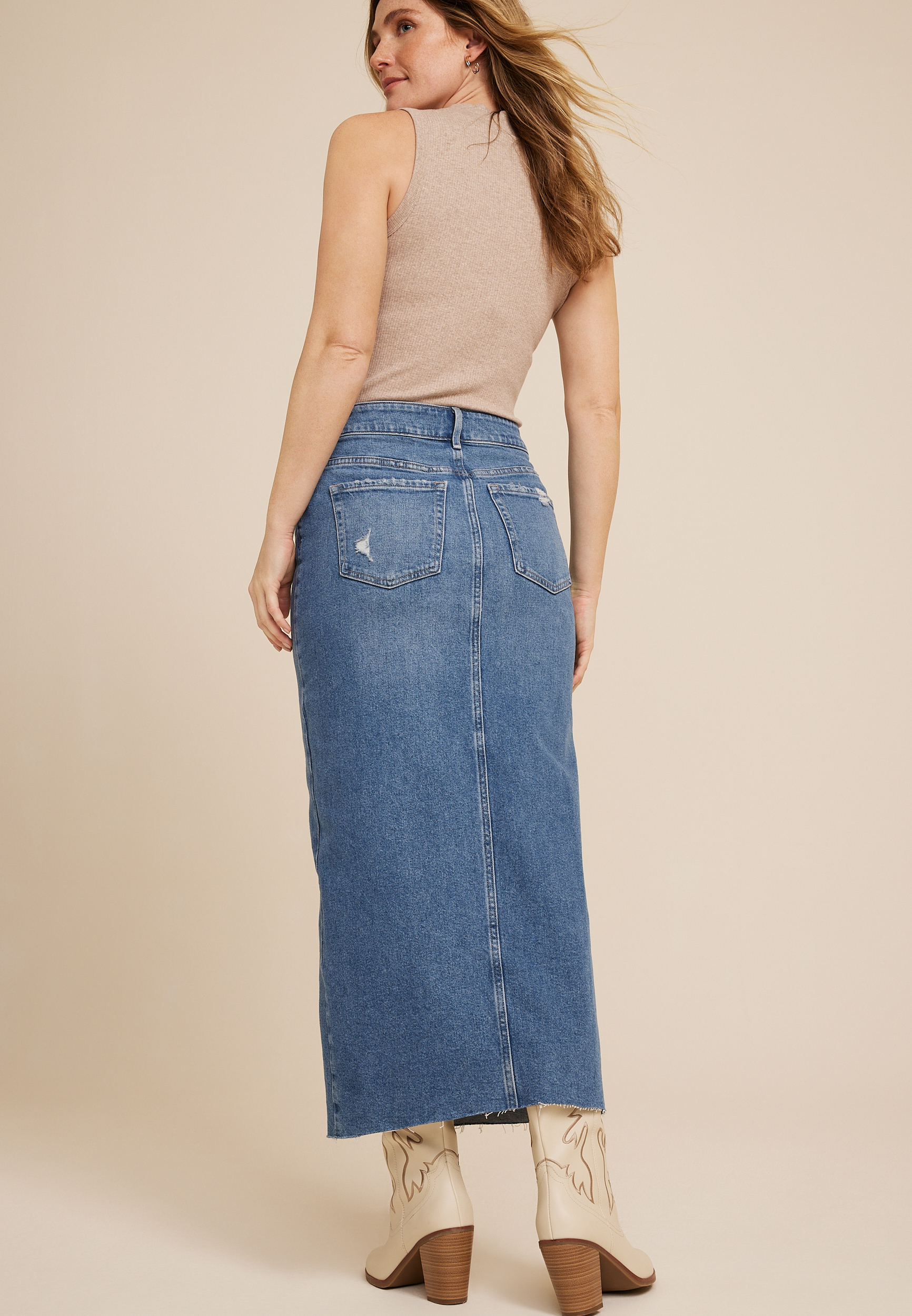 Split Front Denim Maxi Skirt, C3337, large