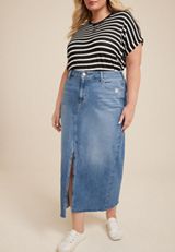 Plus Size Split Front Denim Maxi Skirt, MEDIUM SANDBLAST, small