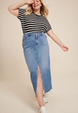 Plus Size Split Front Denim Maxi Skirt, MEDIUM SANDBLAST, small
