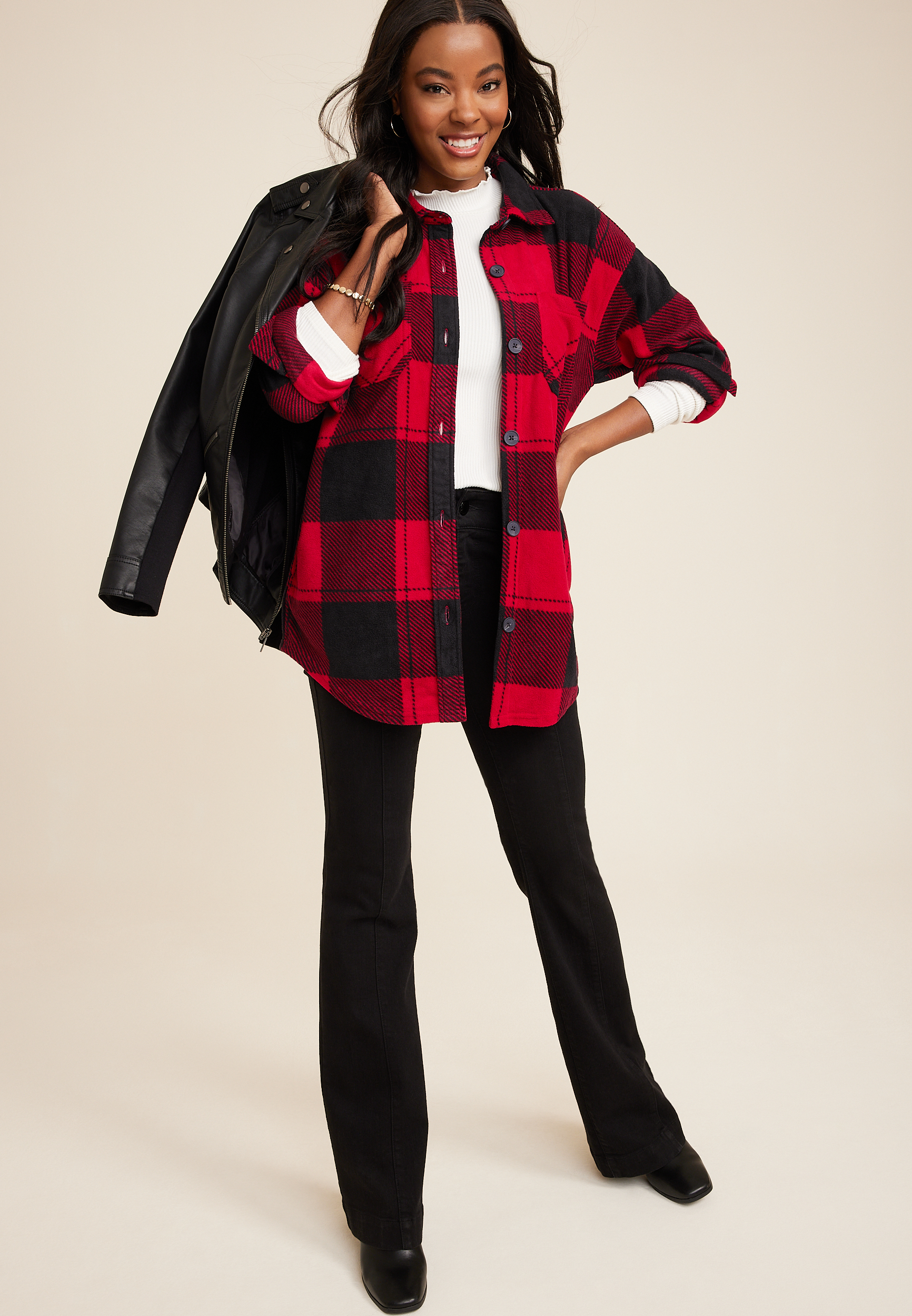 Wilder Buffalo Plaid Fleece Shacket, REBEL RED COMBO, large