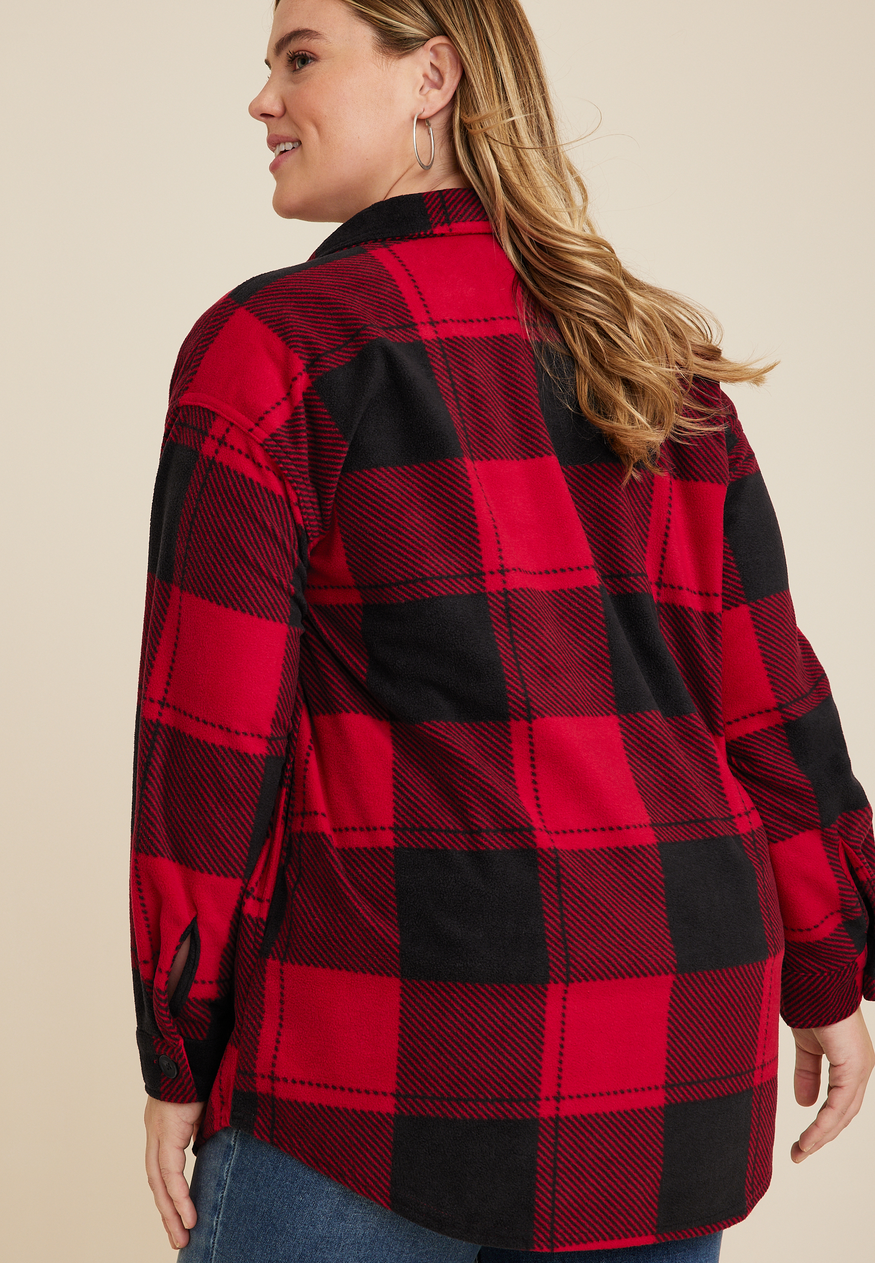 Plus Size Wilder Buffalo Plaid Fleece Shacket, REBEL RED COMBO, large