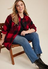 Plus Size Wilder Buffalo Plaid Fleece Shacket, REBEL RED COMBO, small