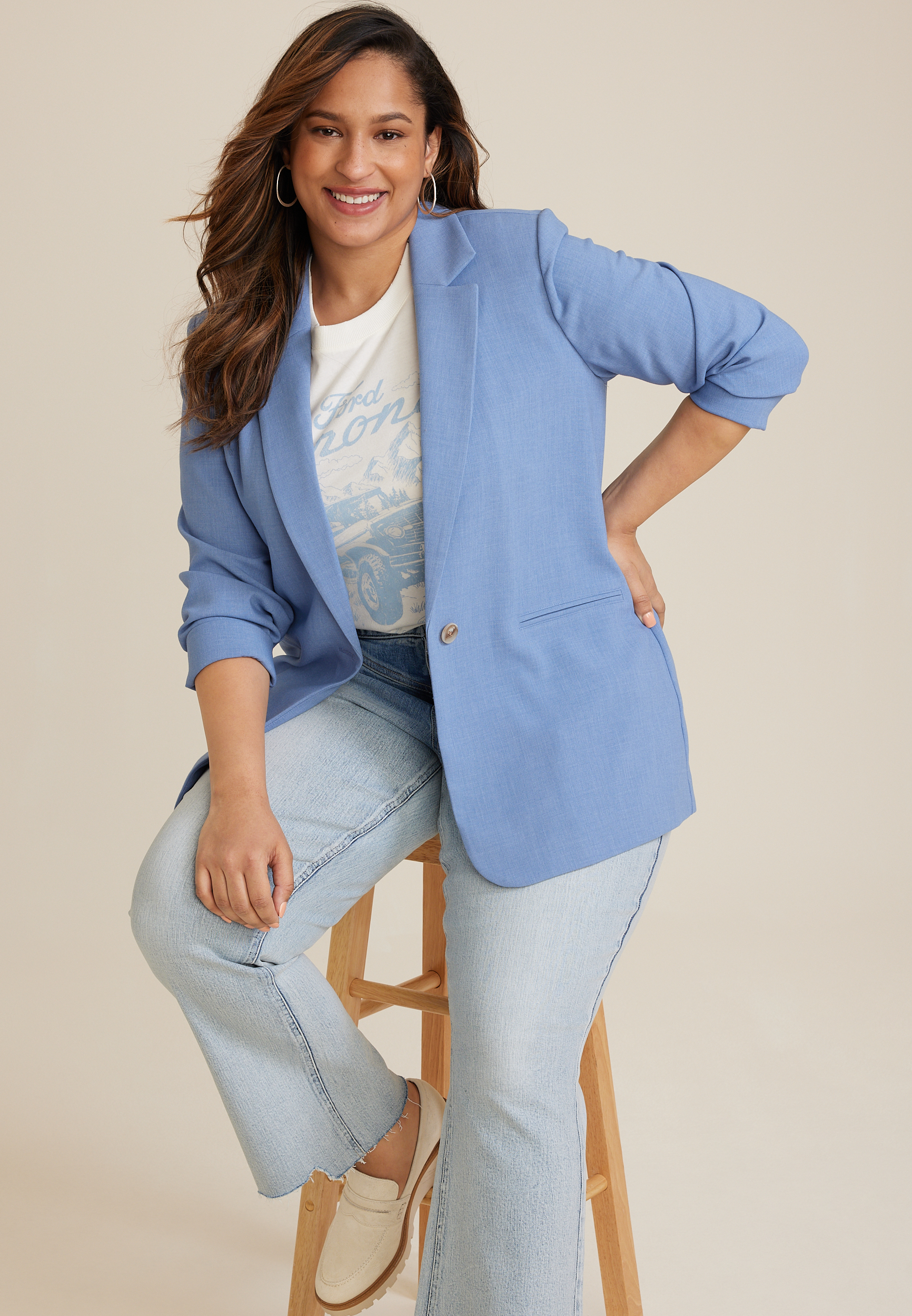 Plus Size One Button Boyfriend Blazer, C122, large