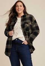 Plus Size Plaid Twill Shacket, BLACK COMBO, small
