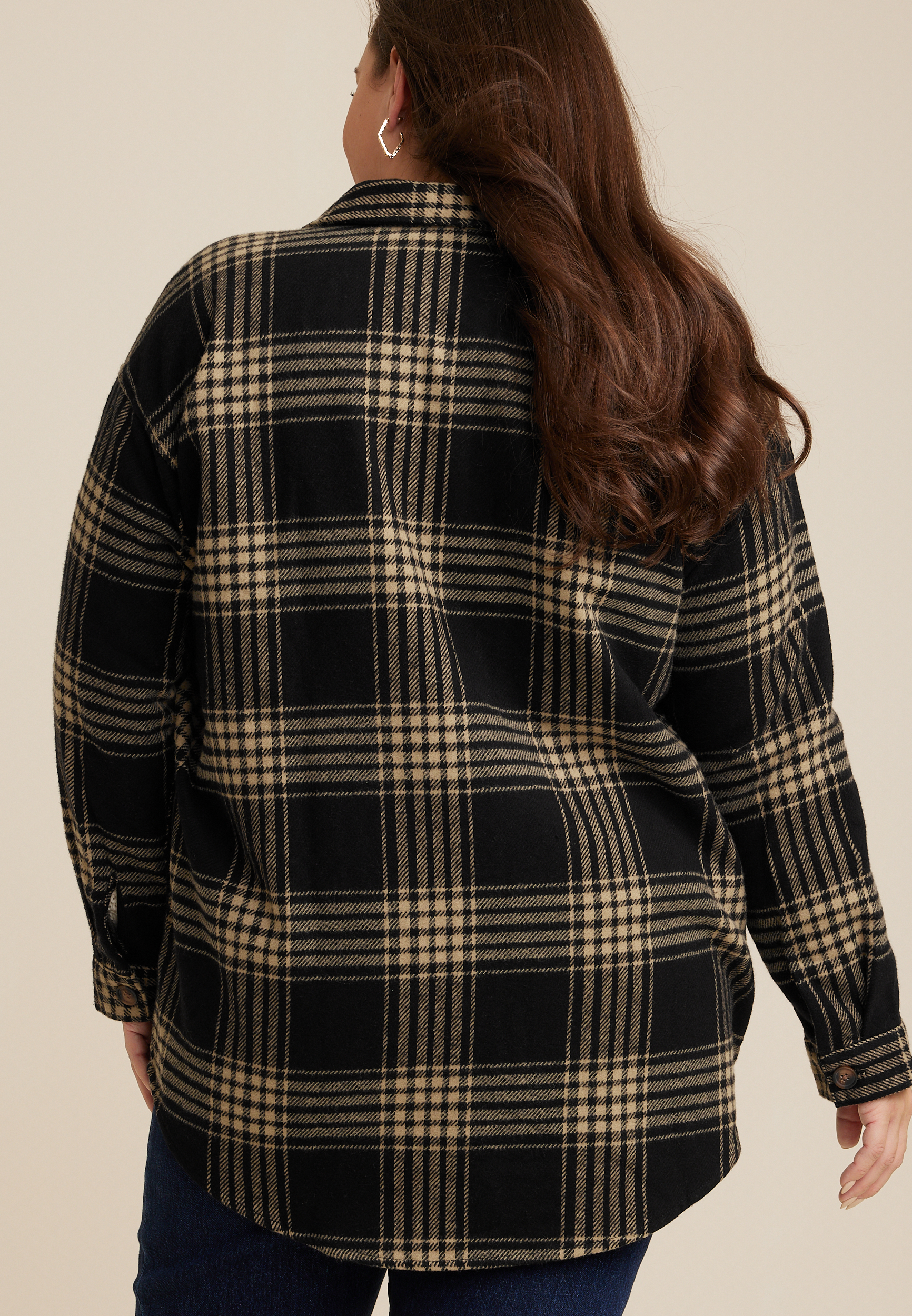 Plus Size Plaid Twill Shacket, BLACK COMBO, large