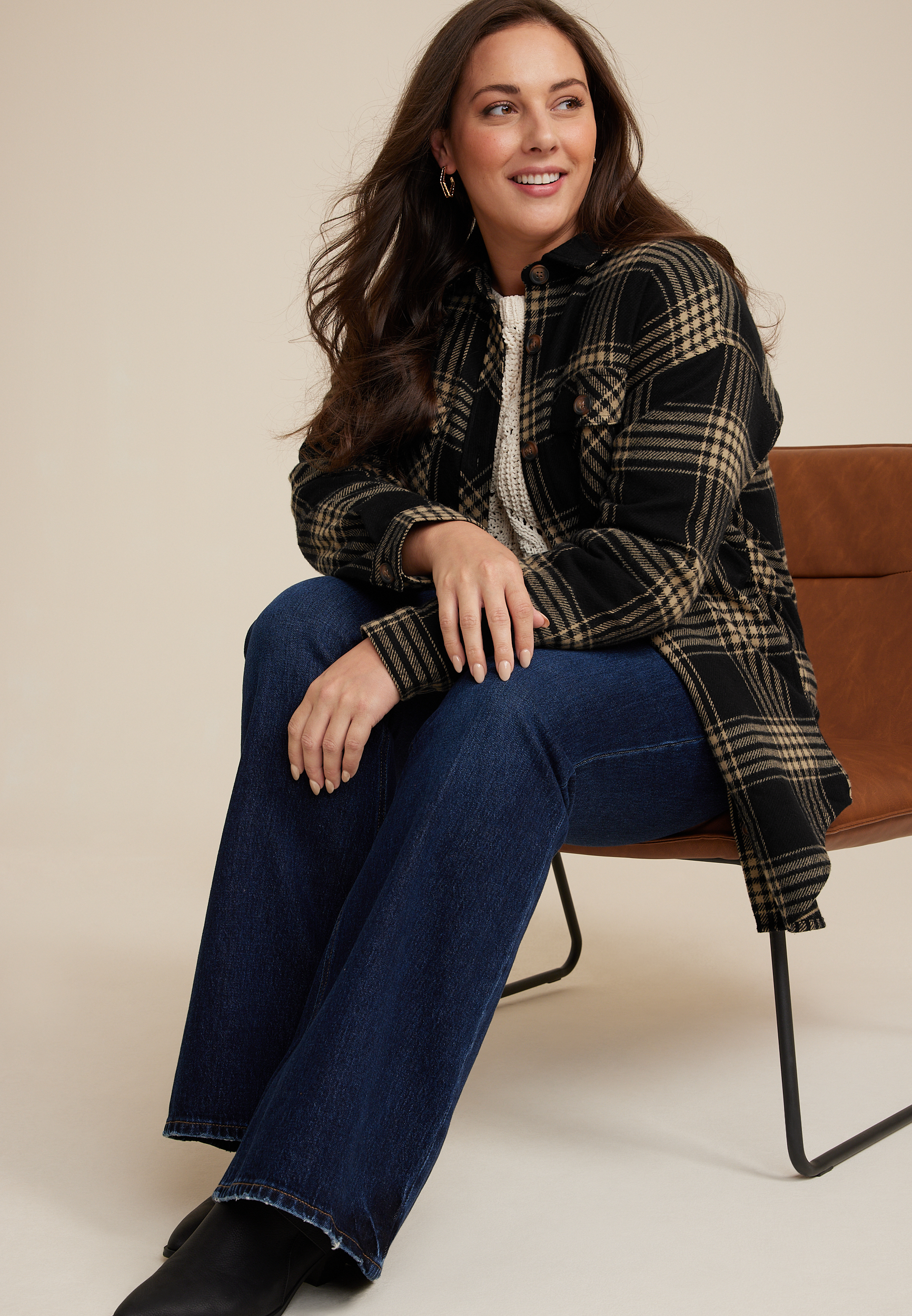 Plus Size Plaid Twill Shacket, BLACK COMBO, large