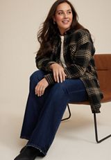 Plus Size Plaid Twill Shacket, BLACK COMBO, small
