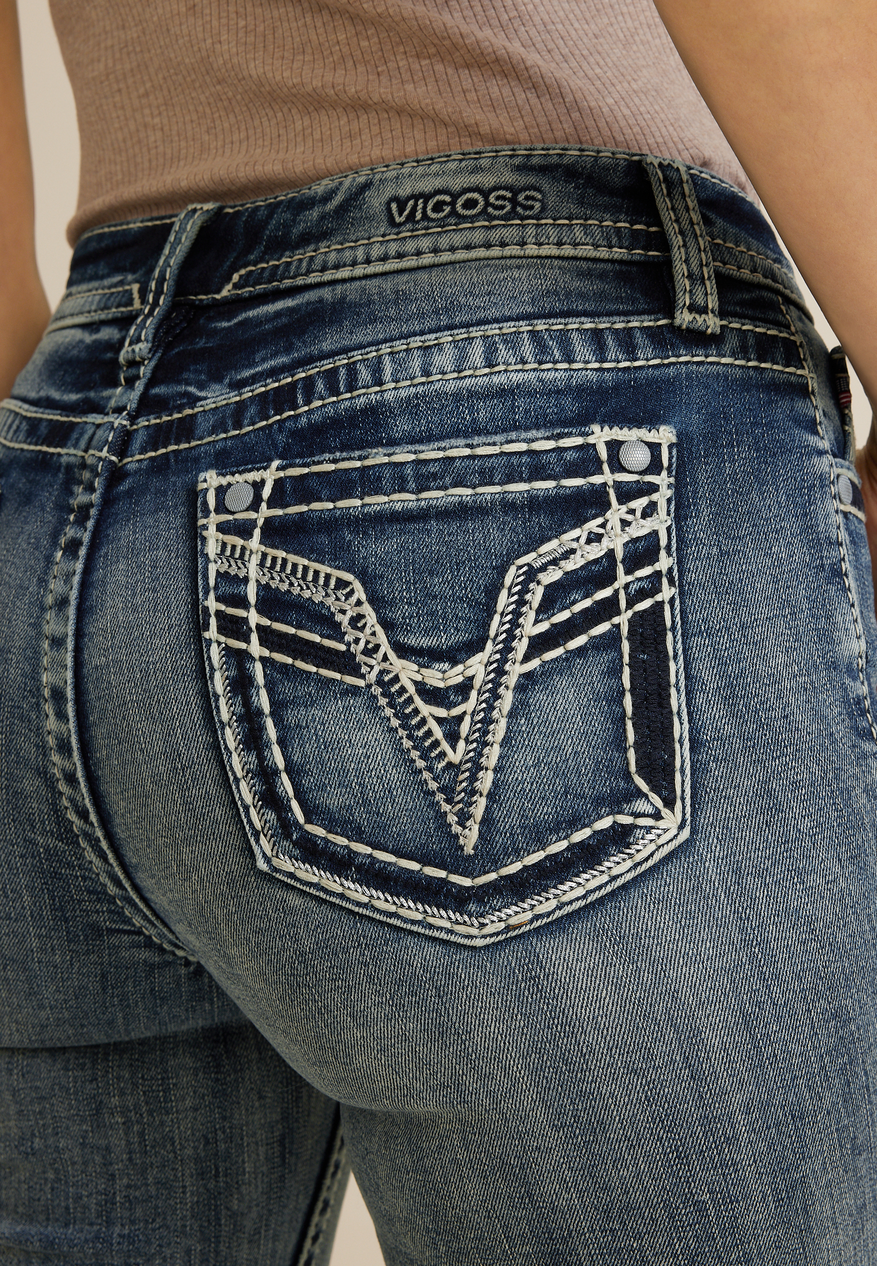 Vigoss&reg; Mid Rise X Thick Stitch Pocket Flare Jean, C258, large