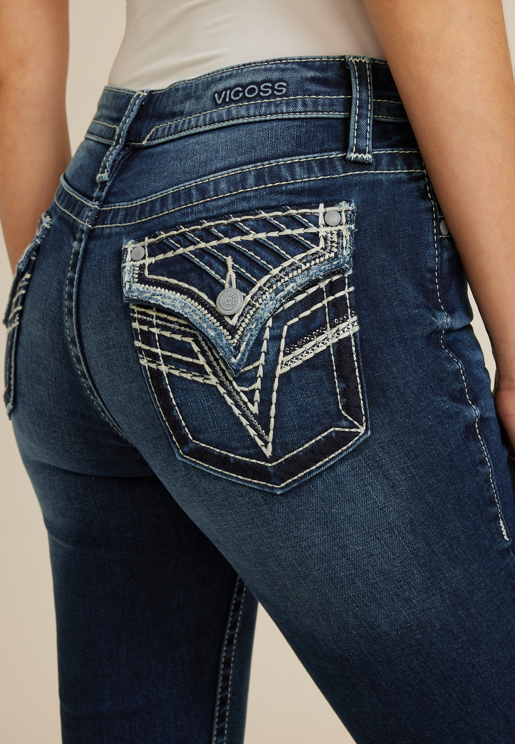 Vigoss&reg; Heritage Mid Rise Slanted Seam Flap Pocket Slim Boot Jean, C258, large