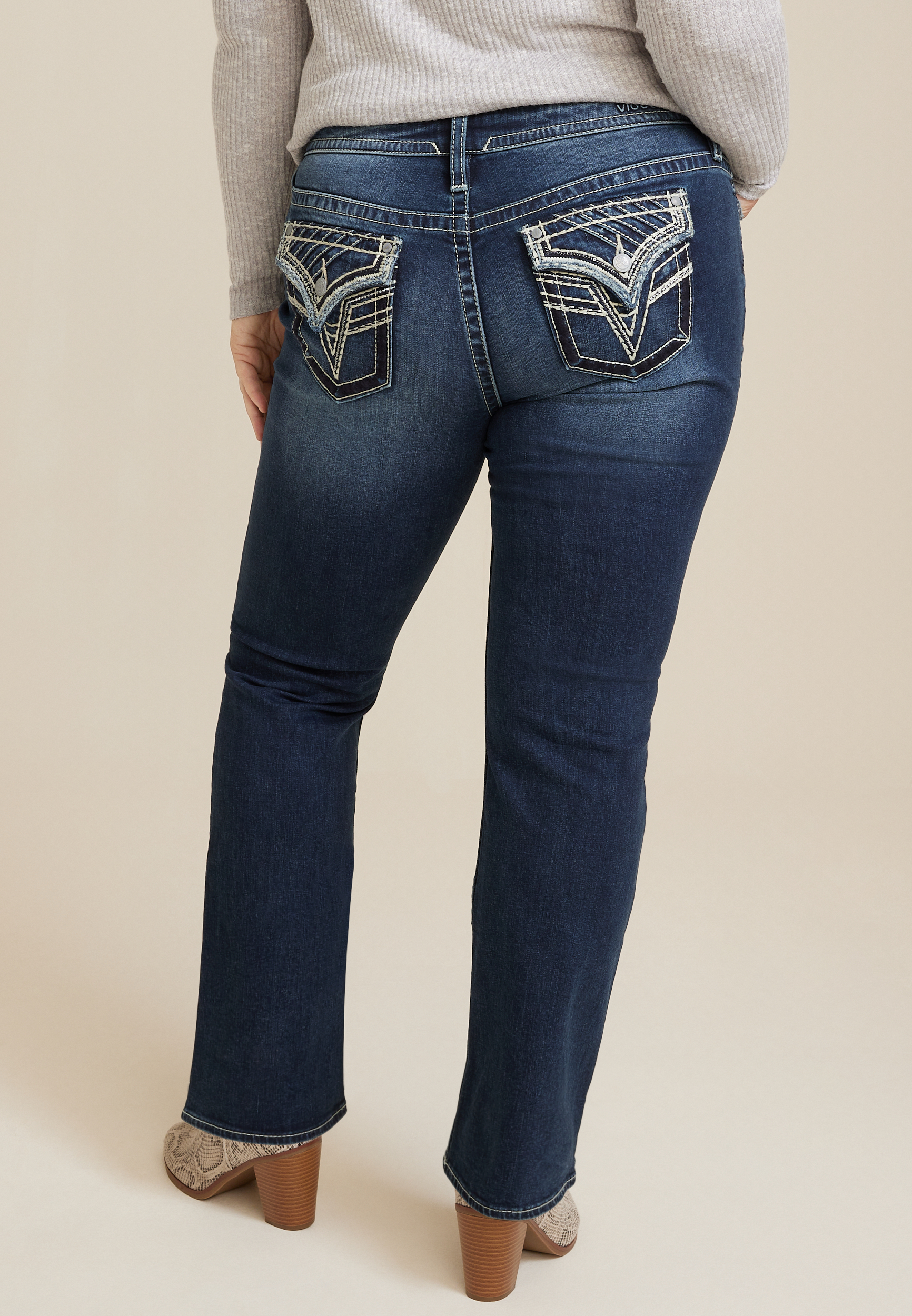 Plus Vigoss® Heritage Mid Rise Slanted Seam Flap Pocket Slim Boot Jean