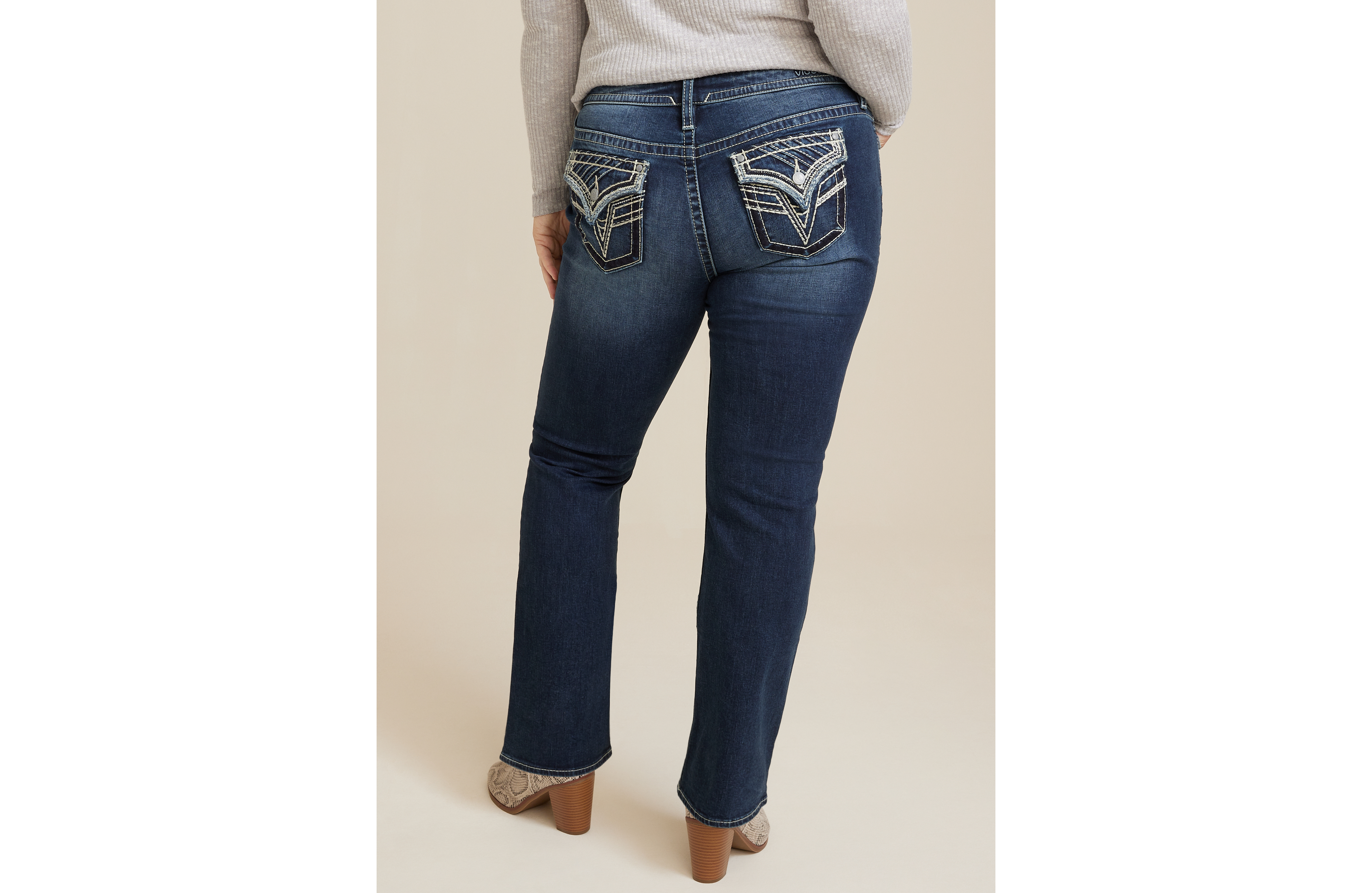 Plus Vigoss® Heritage Mid Rise Slanted Seam Flap Pocket Slim Boot Jean