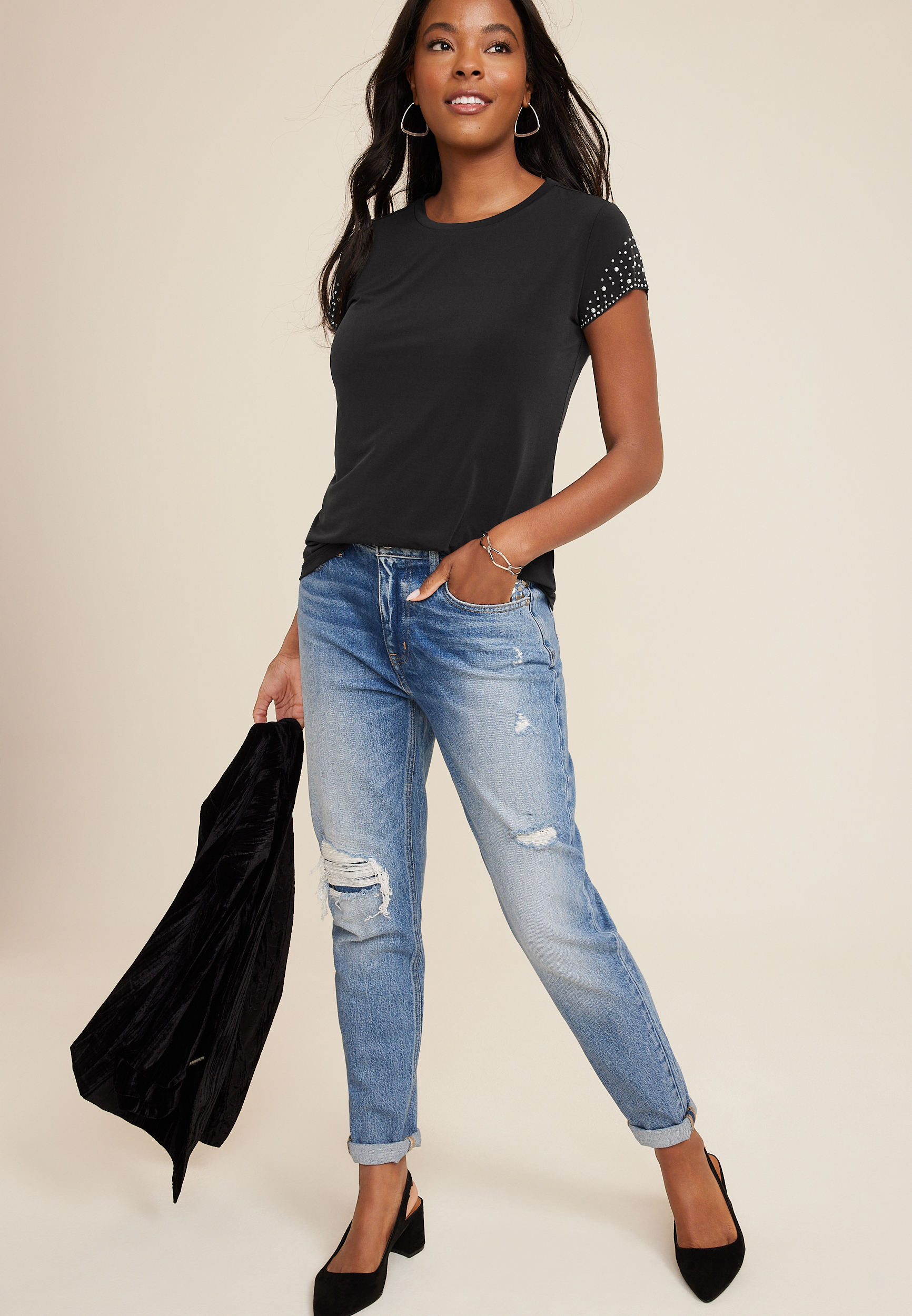 edgely&trade; Embellished Sleeve Crew Neck Tee, C106, large