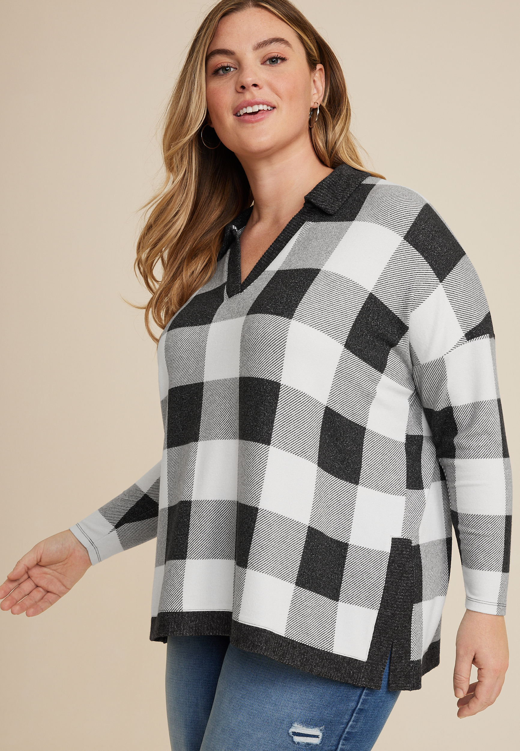 Plus Size Collared Fairview Plaid Top