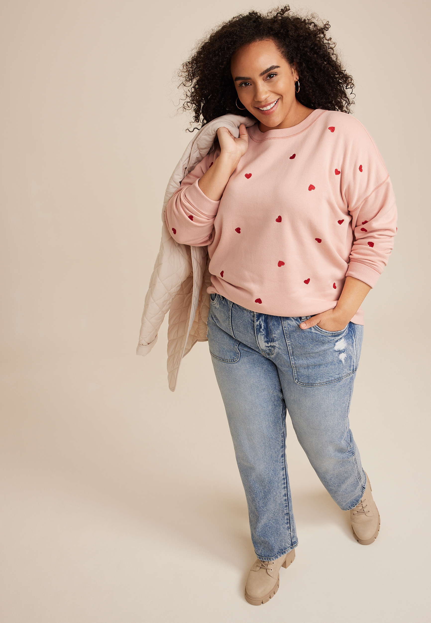 Plus Size Heart Embroidered Sweatshirt, C9346, large