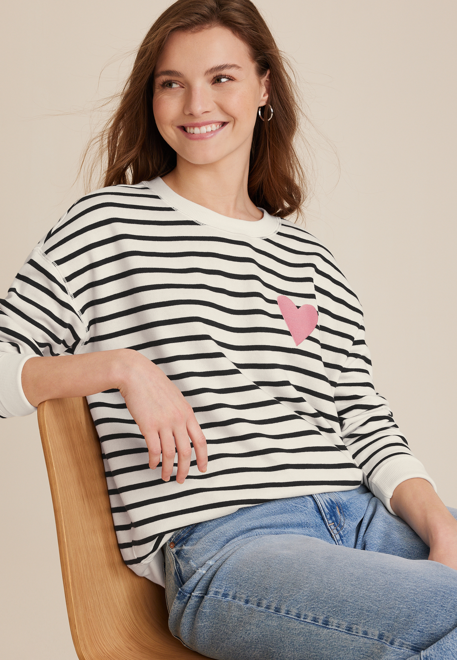 Striped Heart Embroidered Sweatshirt, C3986, large