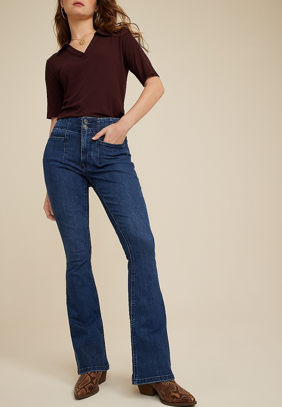 Women High Waist Flare Jeans Bell Bottom Denim Skinny Wide Leg
