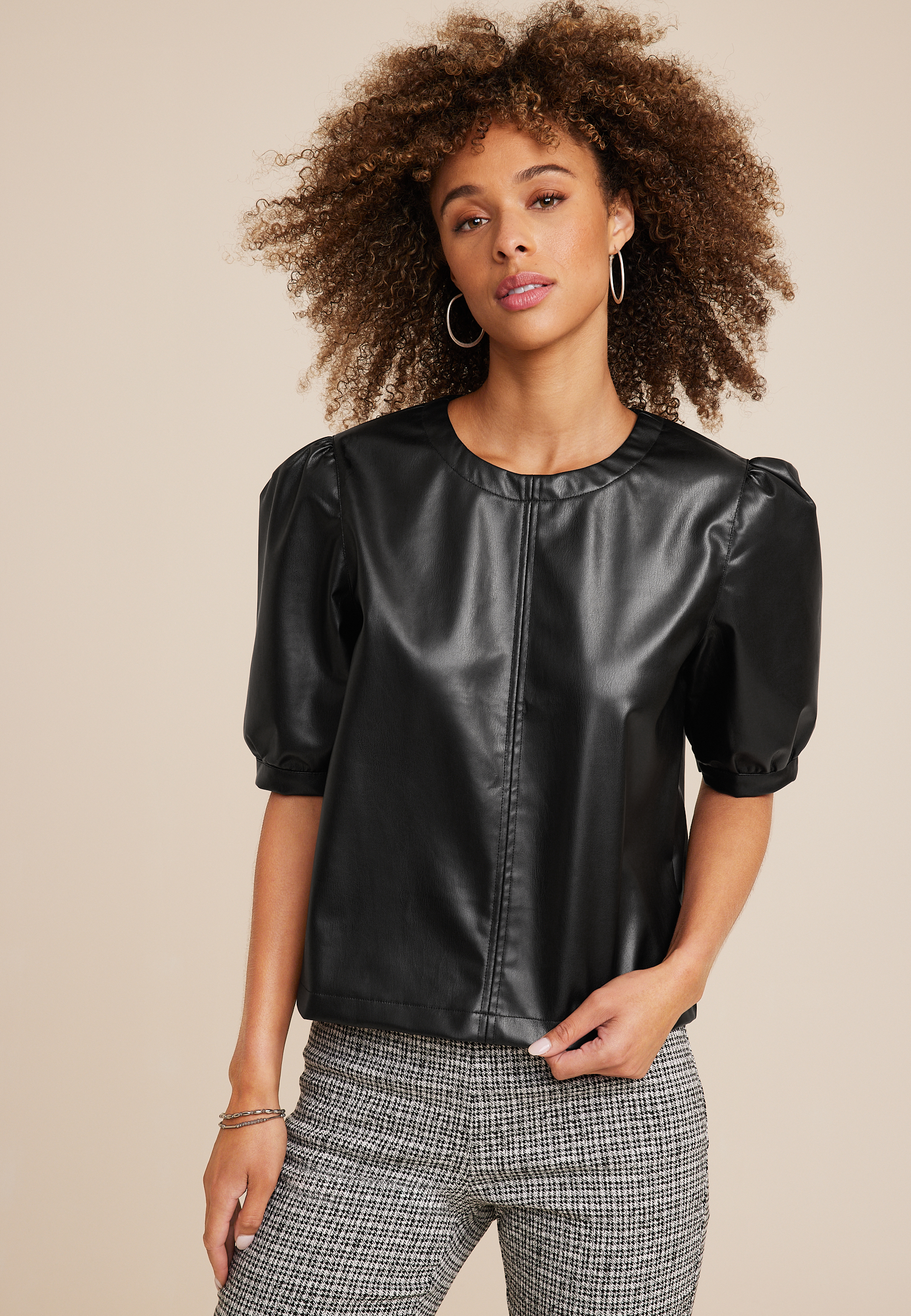 Vigoss® Faux Leather Puff Sleeve Blouse maurices