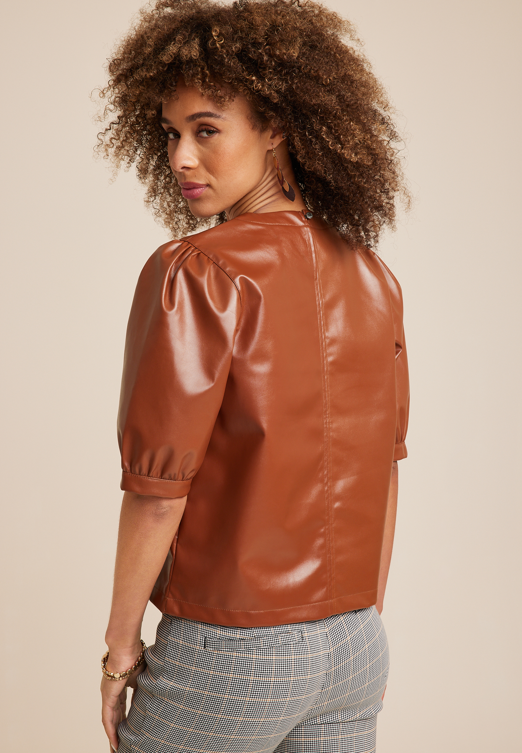 Vigoss&reg; Faux Leather Puff Sleeve Blouse, C3917, large