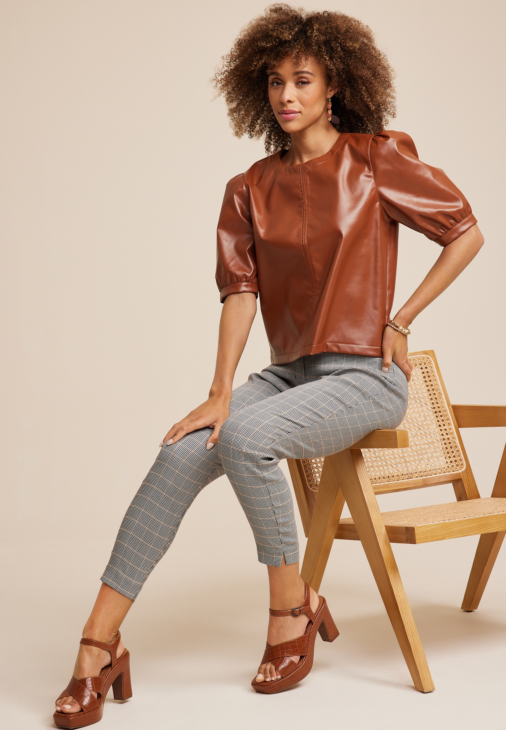 Vigoss&reg; Faux Leather Puff Sleeve Blouse, C3917, large
