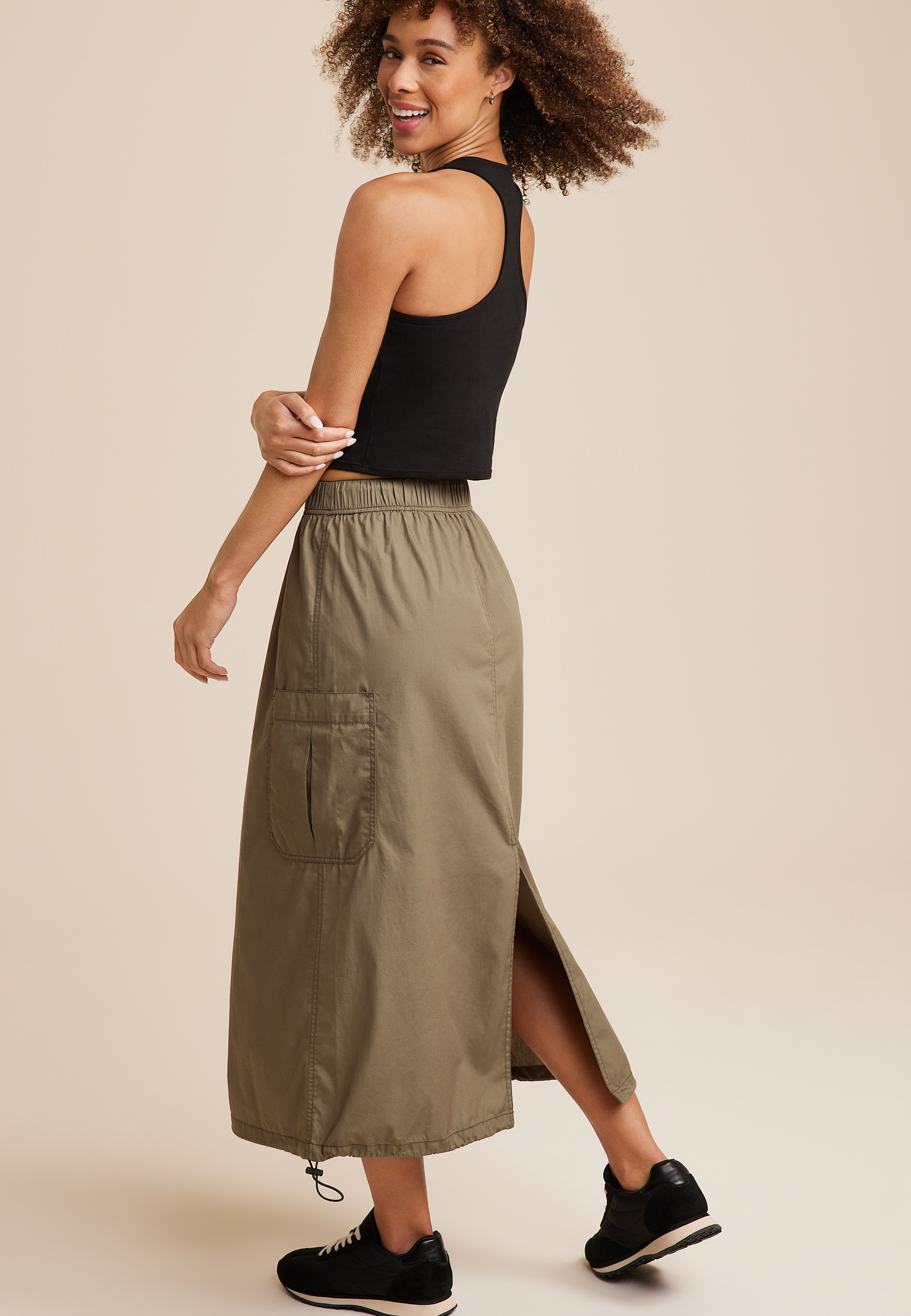 Olive Cargo Parachute Maxi Skirt, C186, large