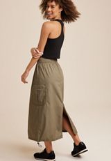 Olive Cargo Parachute Maxi Skirt, C186, small