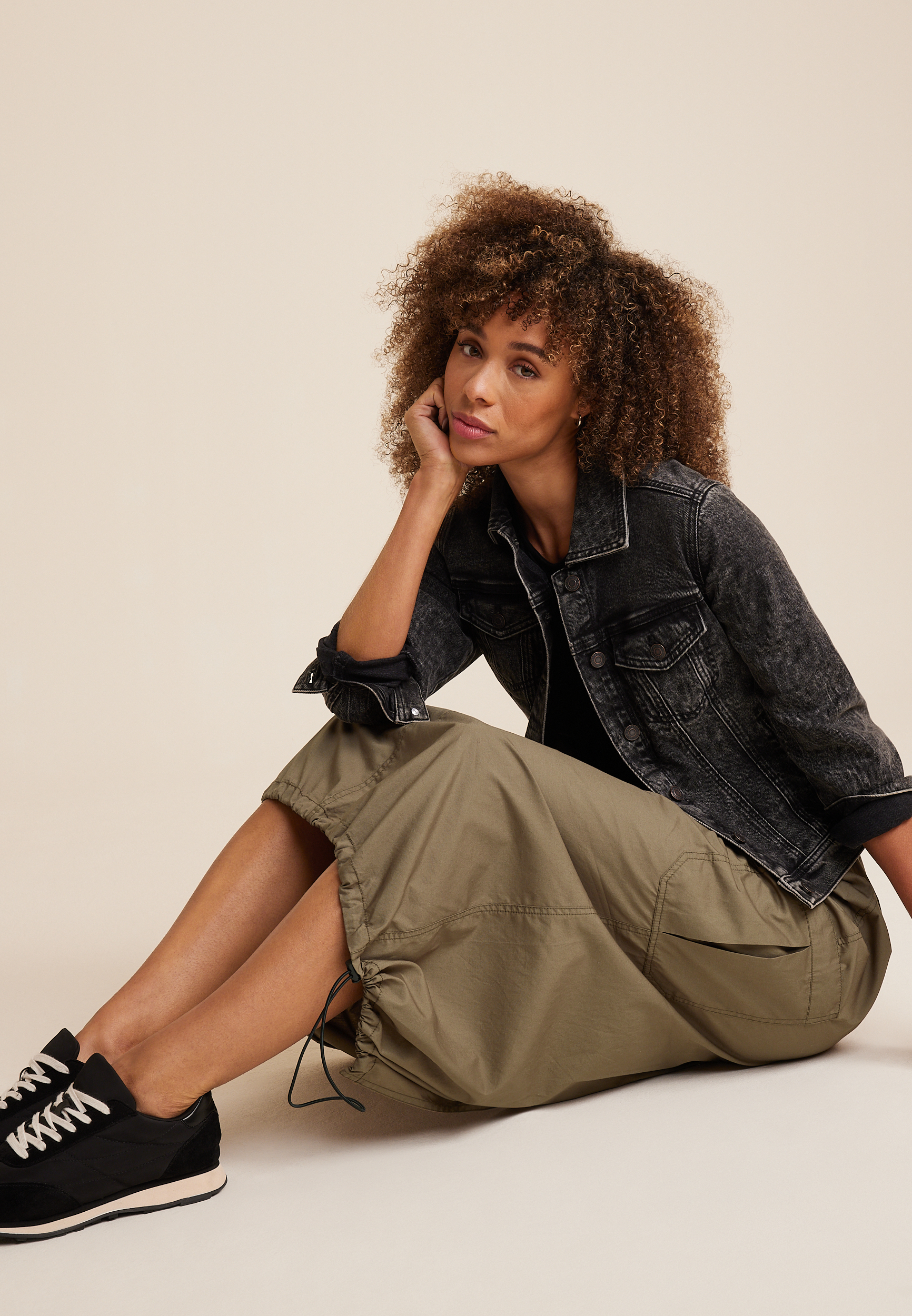 Olive Cargo Parachute Maxi Skirt, C186, large