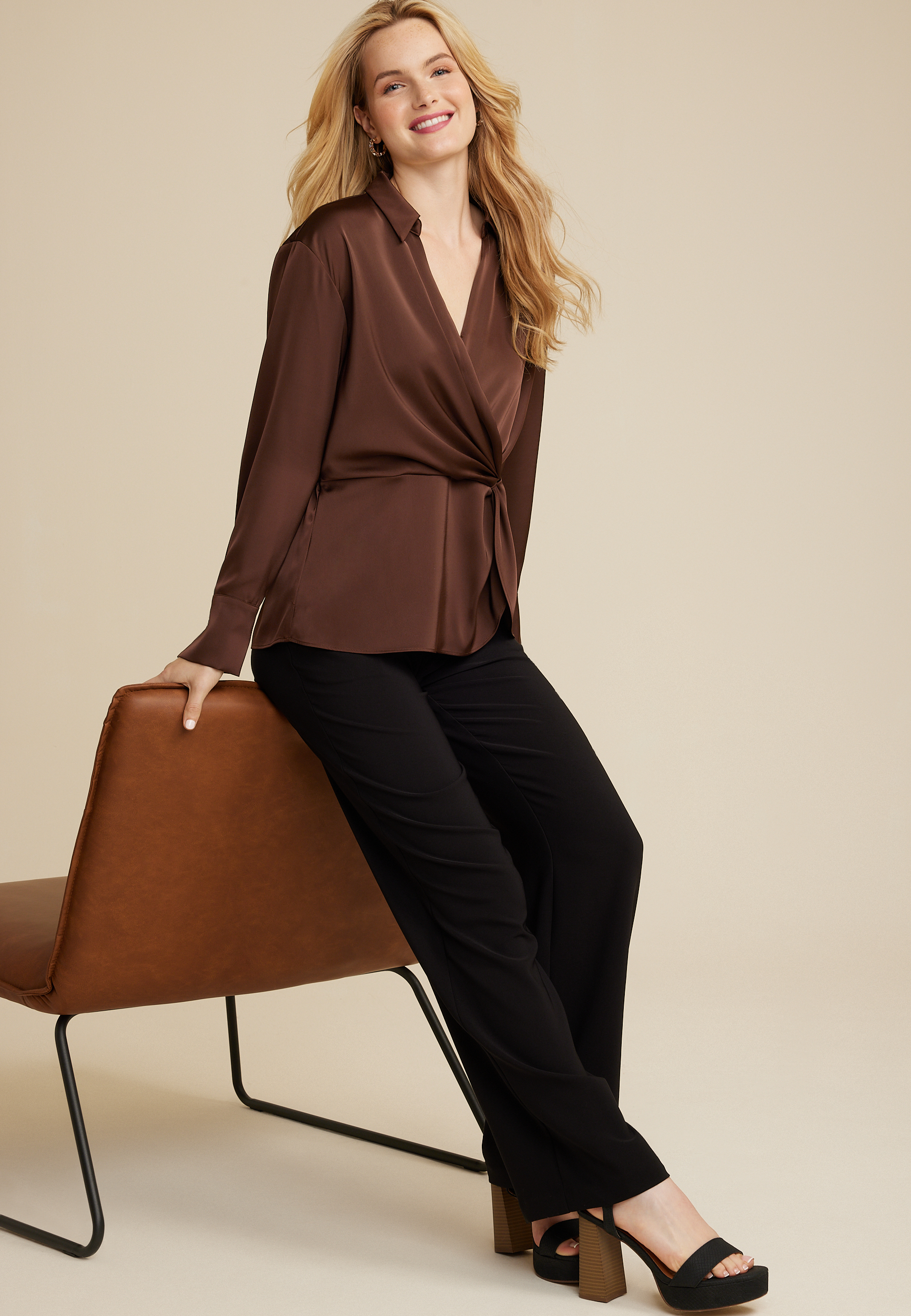 Satin Collared Wrap Blouse, C9289, large