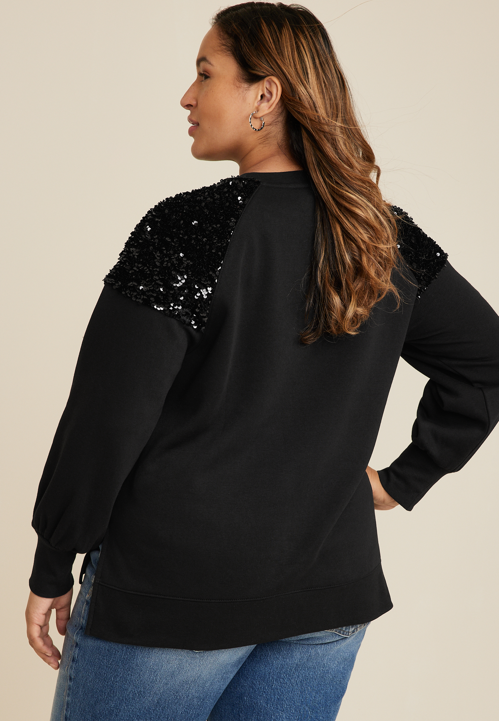 Plus Size Sequin Shoulder Sweatshirt, C106, large