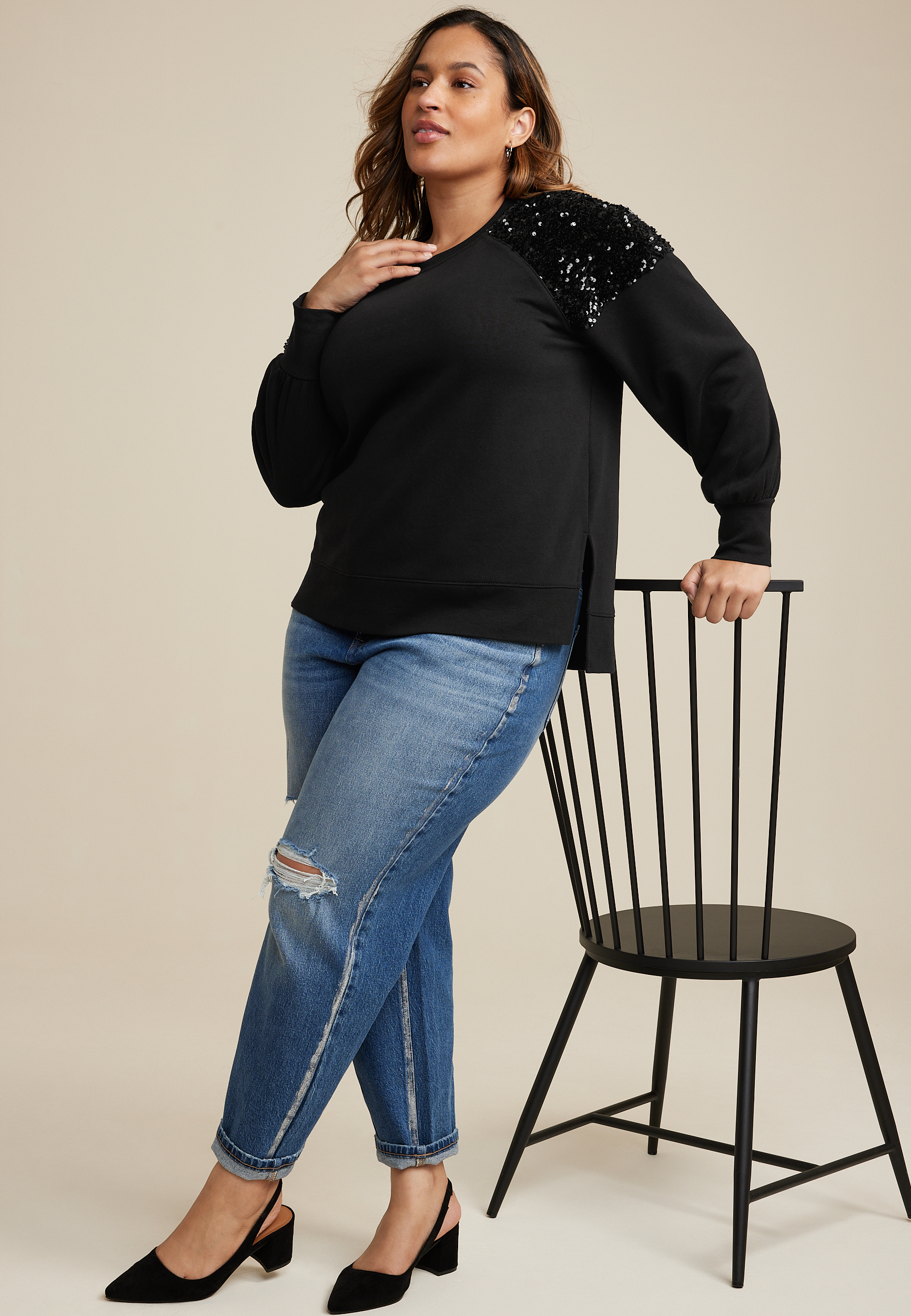 Plus Size Sequin Shoulder Sweatshirt, C106, large