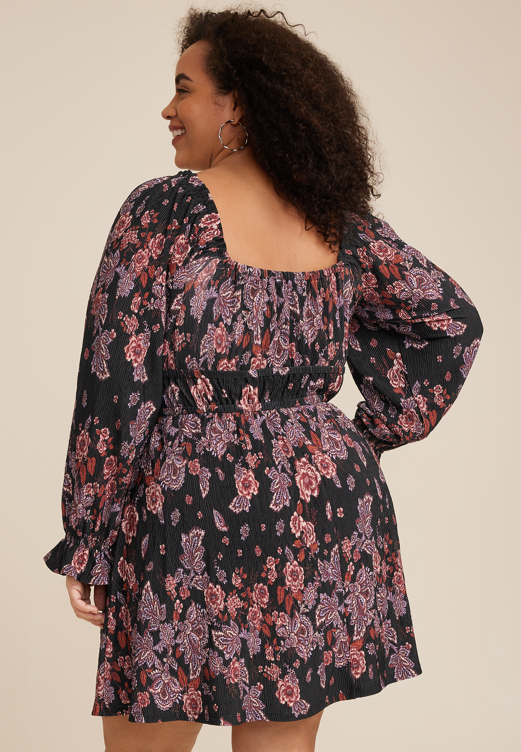 Plus Size Plisse Floral Sweetheart Babydoll Mini Dress, BLACK COMBO, large