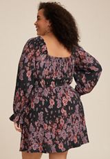 Plus Size Plisse Floral Sweetheart Babydoll Mini Dress, BLACK COMBO, small