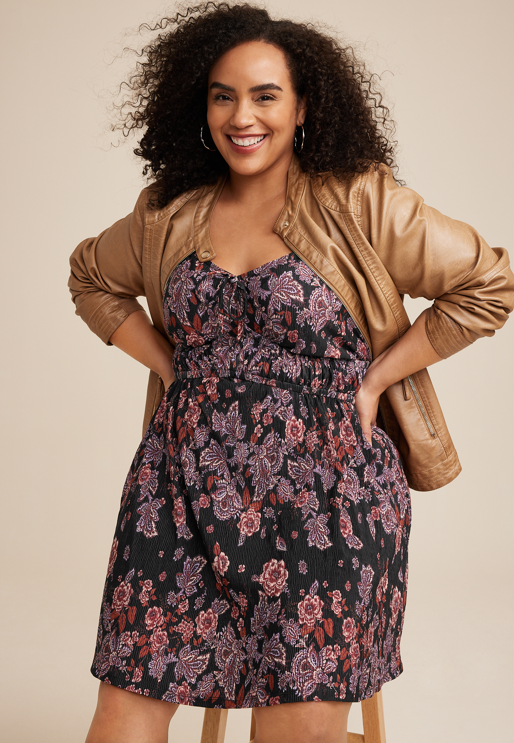 Plus Size Plisse Floral Sweetheart Babydoll Mini Dress, BLACK COMBO, large