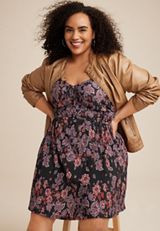 Plus Size Plisse Floral Sweetheart Babydoll Mini Dress, BLACK COMBO, small