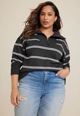 Plus Size Willowsoft Collared Striped Sweatshirt, BLACK COMBO, small