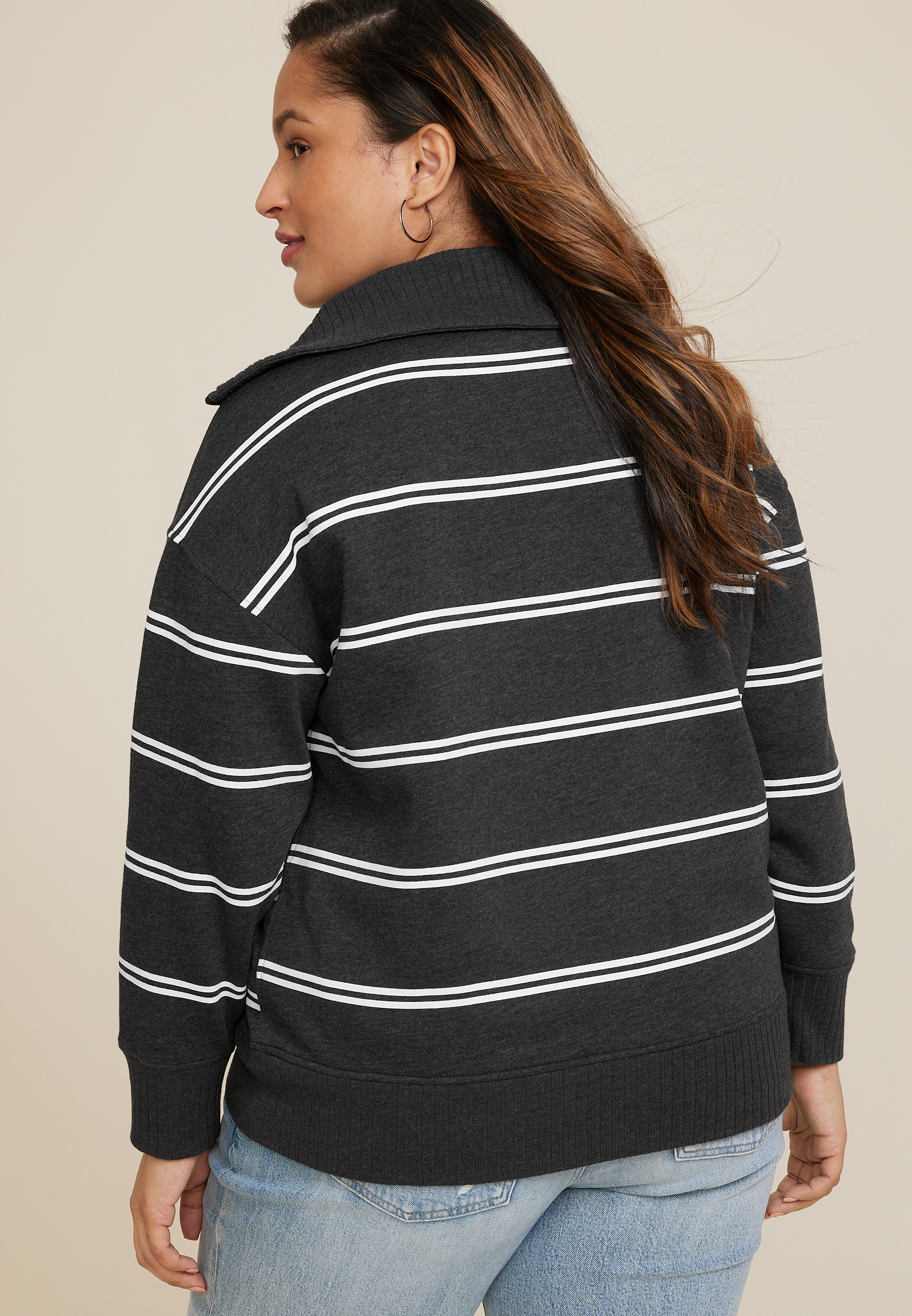 Plus Size Willowsoft Collared Striped Sweatshirt, BLACK COMBO, large