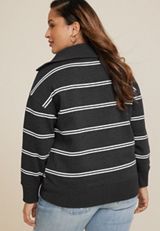 Plus Size Willowsoft Collared Striped Sweatshirt, BLACK COMBO, small