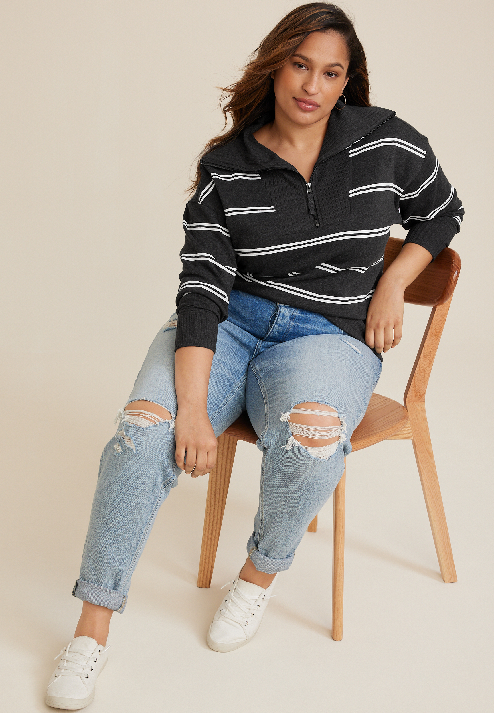 Plus Size Willowsoft Collared Striped Sweatshirt, BLACK COMBO, large