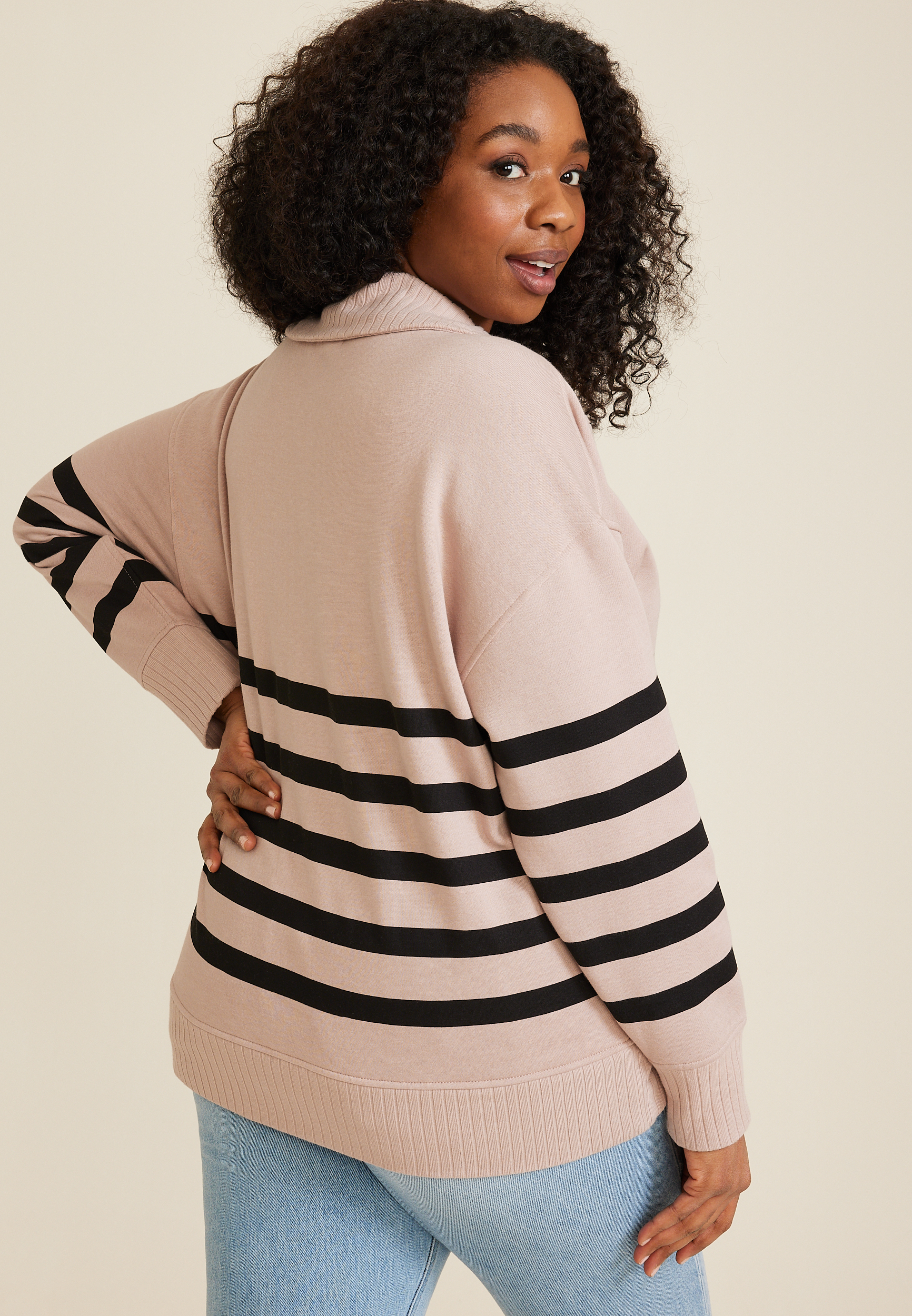 Plus Size Willowsoft Collared Striped Sweatshirt, C9081, large