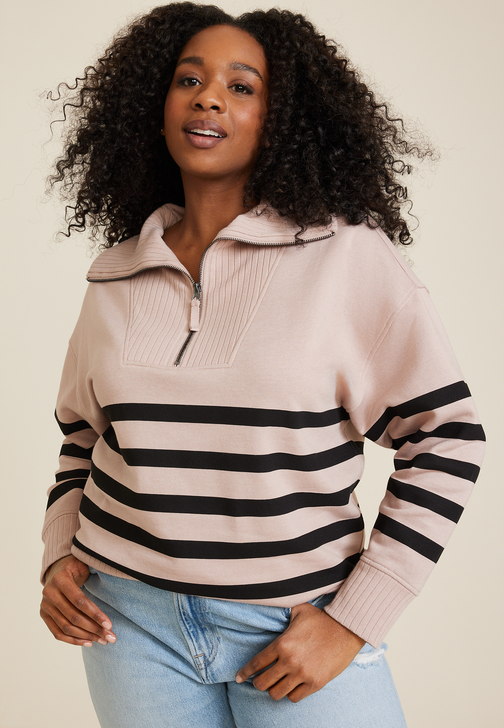 Plus Size Willowsoft Collared Striped Sweatshirt, C9081, large